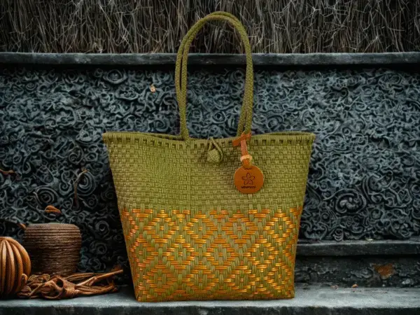 "Batik Cahaya - fénybe szőtt batik " táska avokádó-arany színben