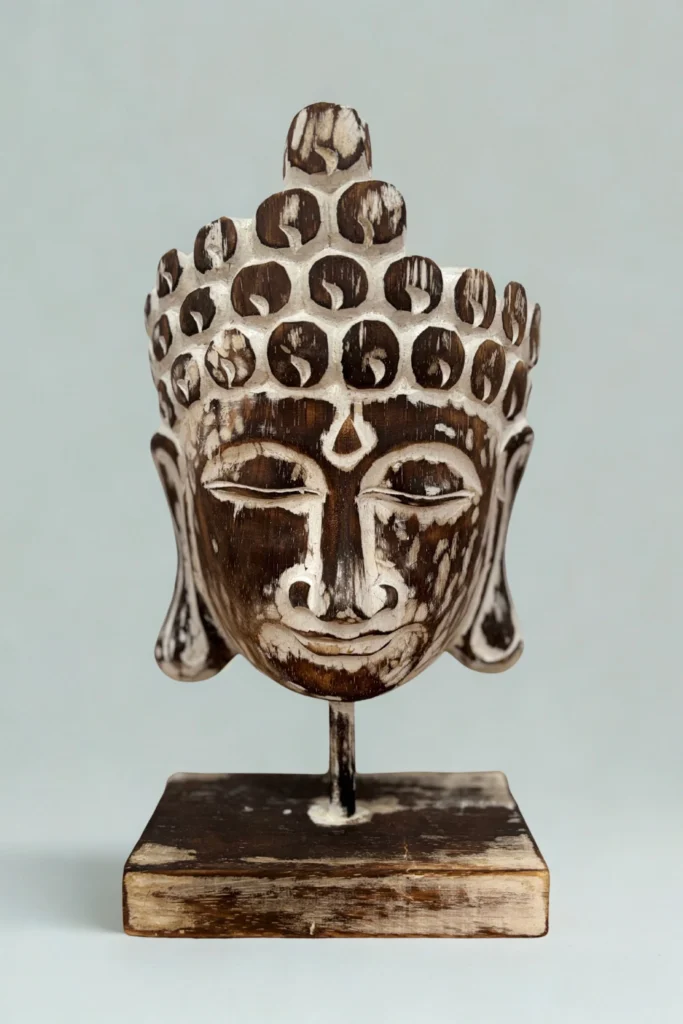 Kézzel faragott Buddha fej fa szobor – Ayubha fadísz